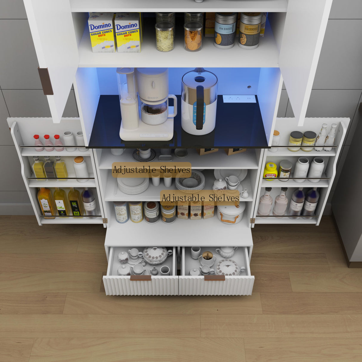 Fluted Pantry Cabinet,71.7'' Tall Kitchen Pantry Cabinet with LED Light & Charging Station, Kitchen Storage cabinets with 2 Drawers, Adjustable Shelves&Open Countertop for Dining Room, White Lezyhaus