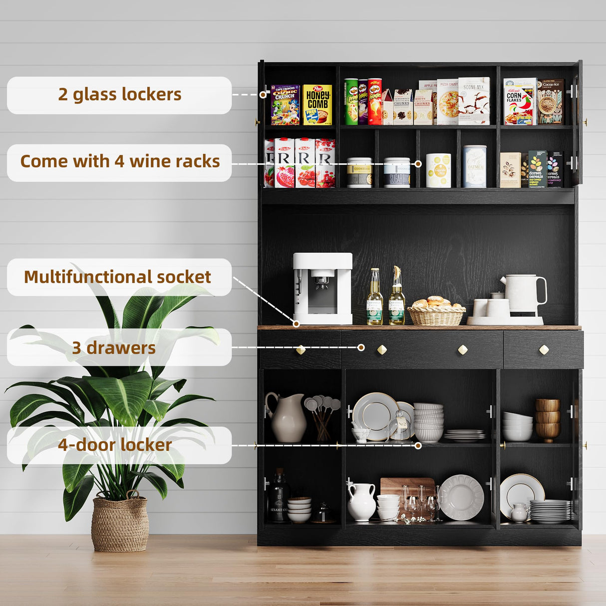 71" Tall 4-Door Kitchen Pantry Cabinet with Built-in Power Outlet- Freestanding Storage Hutch, Large Microwave Cabinet, Modern Farmhouse Design (Black) Oxirth