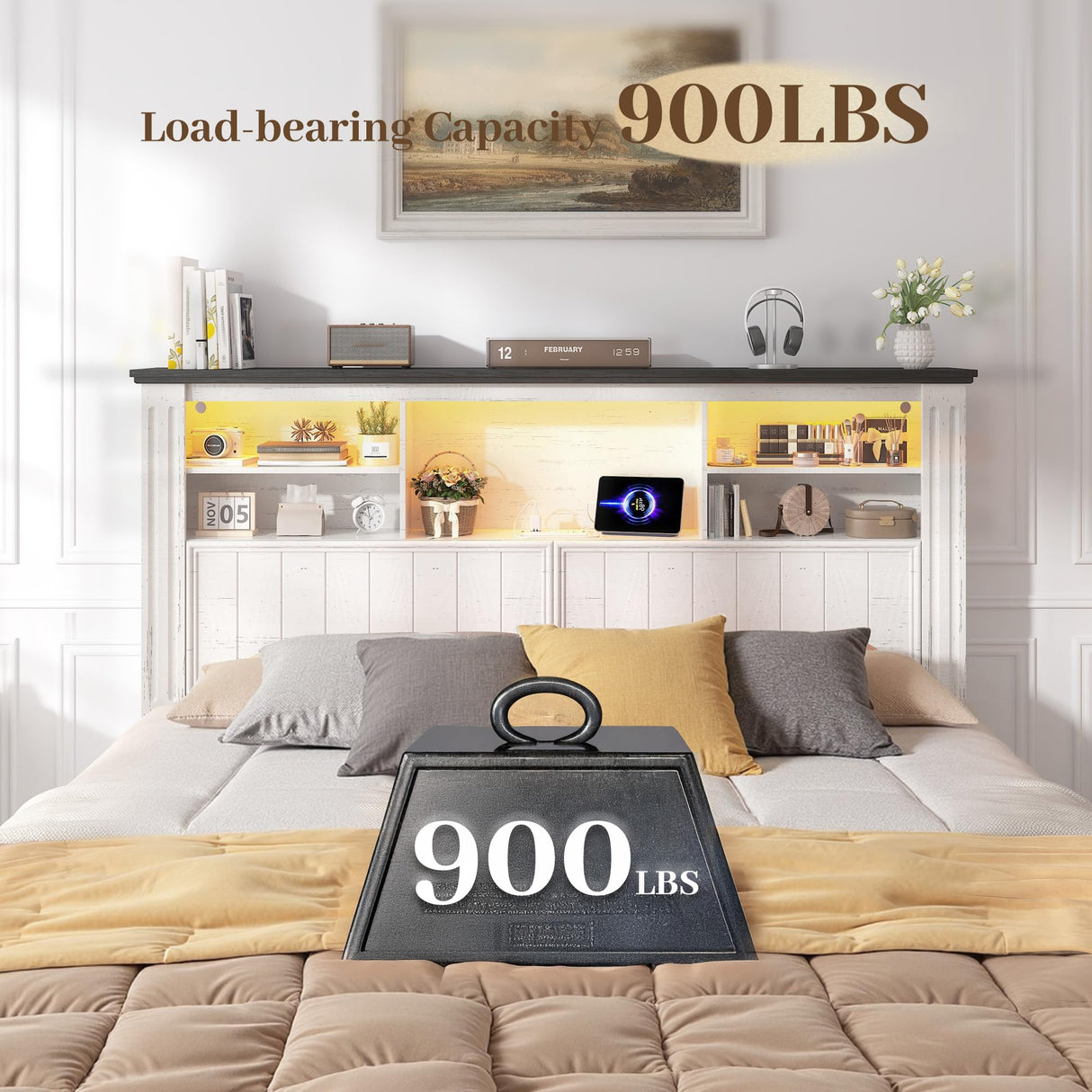 EnHomee Full Size Bed Frame with Headboard, Full Bed Frame with 4 Drawers Charging Port & LED, Farmhouse Bed Full Built in Charging Station,No Box Spring Needed,NO Noise,White with Grain Marks EnHomee