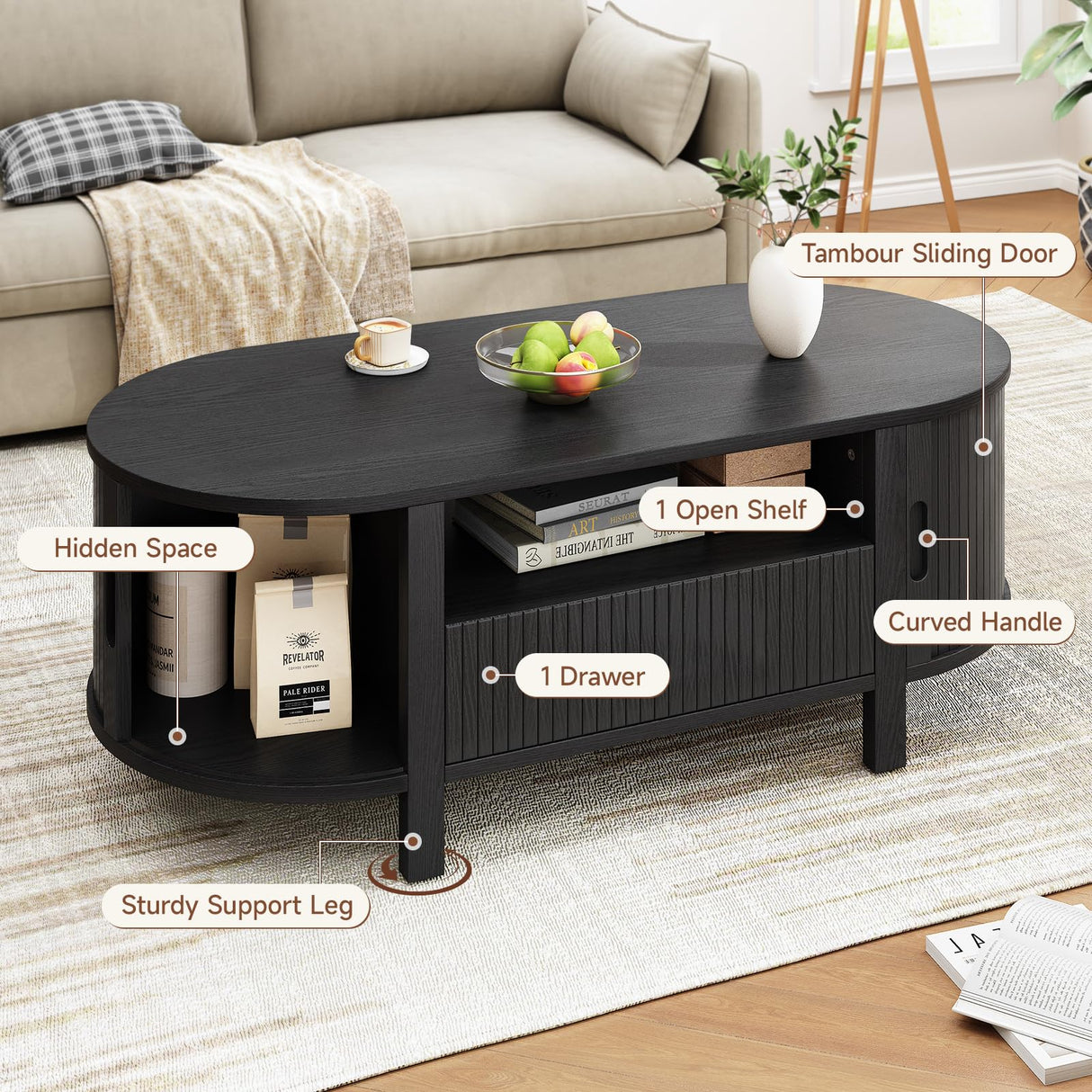 ONBRILL 47.2 Inch Oval Coffee Table with Storage, Mid Century Modern Coffee Table with Drawer, Center Table with Sliding Door and Wood Fluted Handle for Living Room, Black ONBRILL