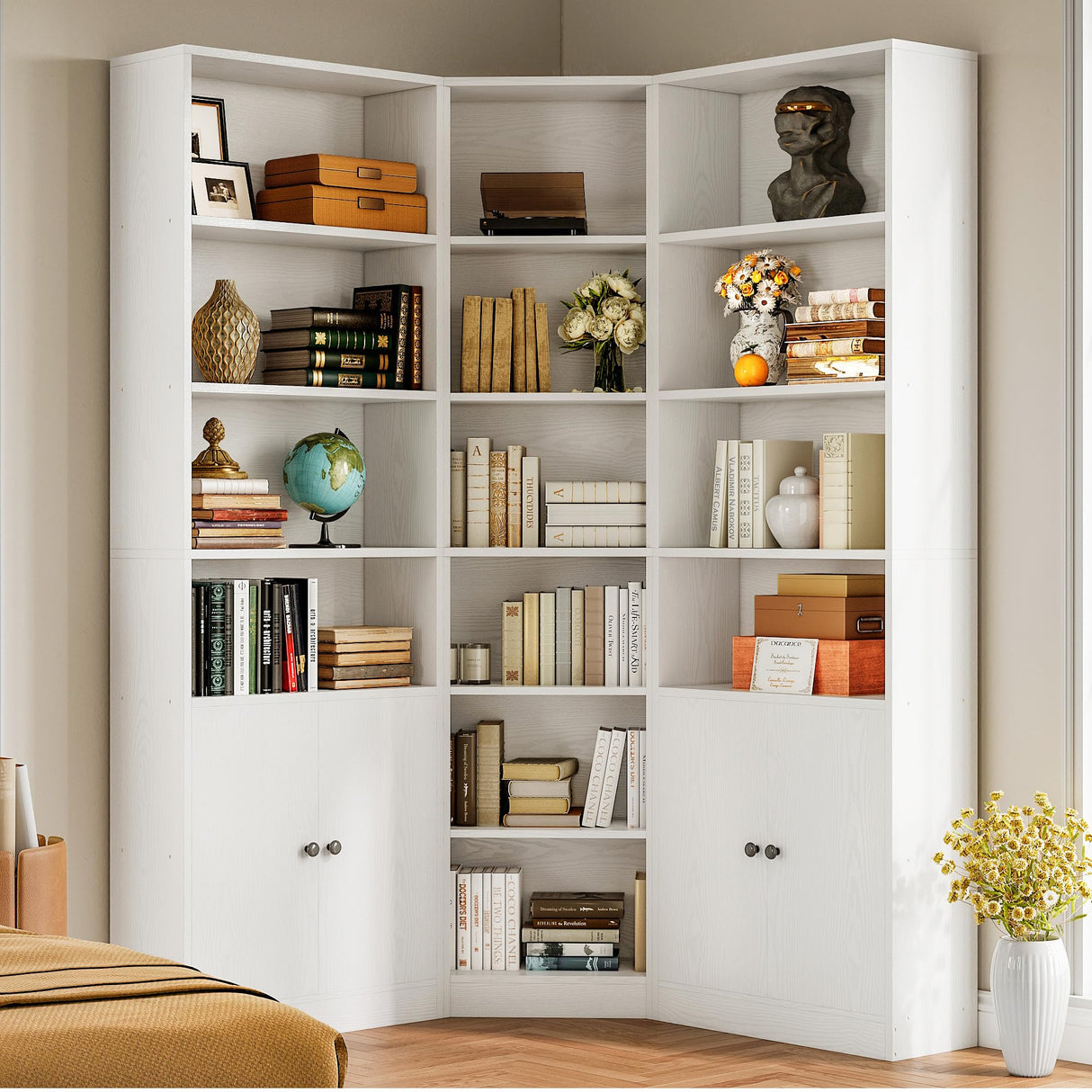 IRONCK Corner Bookshelf and Bookcase with 2 Storage Cabinets and 7 Tier Shelves, 71" Height Storage Shelves Corner Combination, White IRONCK