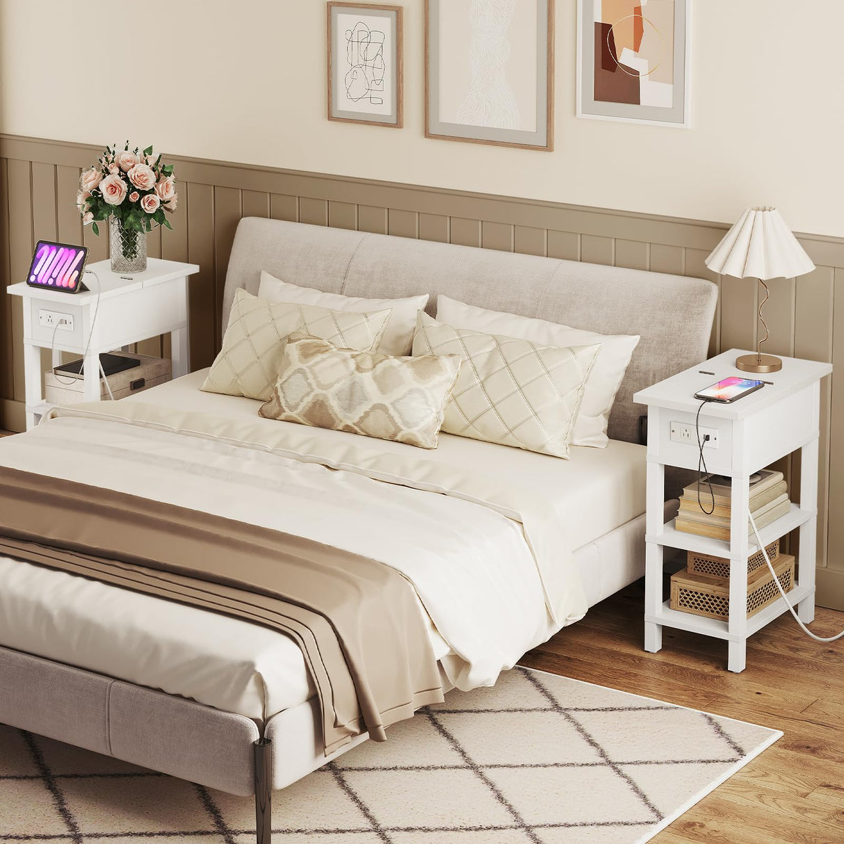 HOOBRO End Table with Charging Station, Flip Top Side Table with USB Ports, Narrow Nightstand Bedside Tables with Storage Shelves, for Small Space, Living Room, White WT141UBZ01 HOOBRO