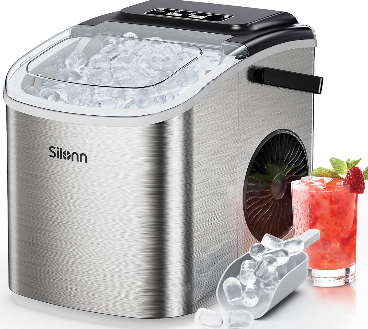 Silonn Ice Makers Countertop, Portable Ice Maker with Self-Cleaning 9 Cubes Ready in 6 Mins 26Lbs/24H 2 Sizes of Bullet Ice, Ice Machine for Home Kitchen and Office Bar Party,Stainless Steel Silonn