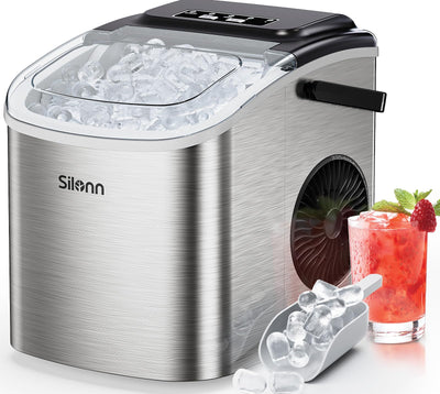 Silonn Ice Makers Countertop, Portable Ice Maker with Self-Cleaning 9 Cubes Ready in 6 Mins 26Lbs/24H 2 Sizes of Bullet Ice, Ice Machine for Home Kitchen and Office Bar Party,Stainless Steel