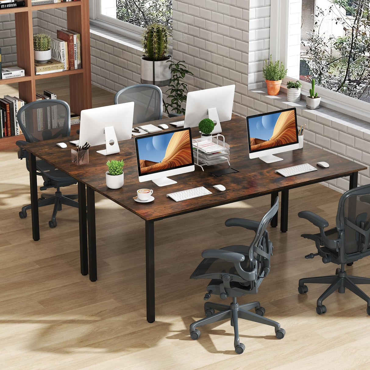 Giantex 6 FT Conference Table for 8-10 People, Modern 71" L x 35.5" W Large Meeting Table with Metal Frames, Rectangle Conference Room Table with Cable Grommet for Office, Boardroom, Rustic Brown Giantex