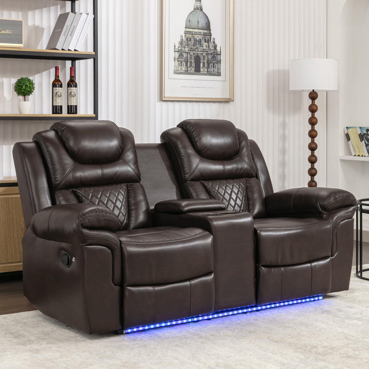 Olodumare Leather Reclining Sofa Set,Home Theater Seating with Center Console, LED Light Strip, and Storage Cup Holders, 2 Seater for Living Room,Office,Home Theater,RV. Loveseat(Brown) Olodumare