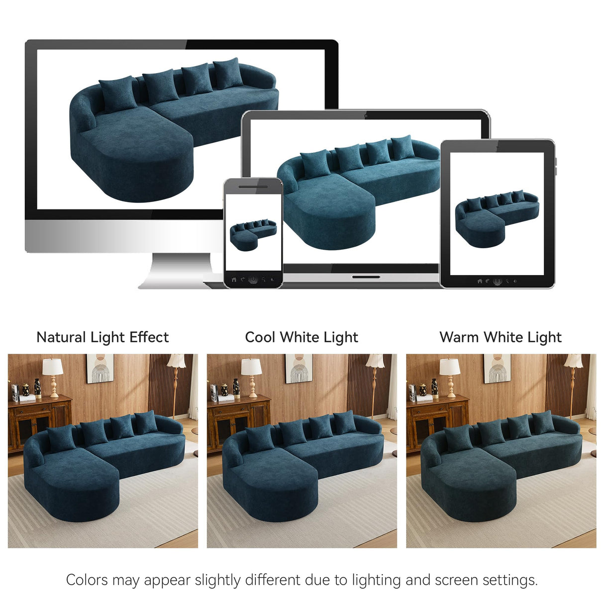 104.3" Boneless Curved Couch, l Shaped 4-Seater Cloud Couch with Deep Seat Chaise, Oversized Curved Sofa, Chenille Modular Sectional Couches for Living Room, No Assembly, Blue Abbrevi