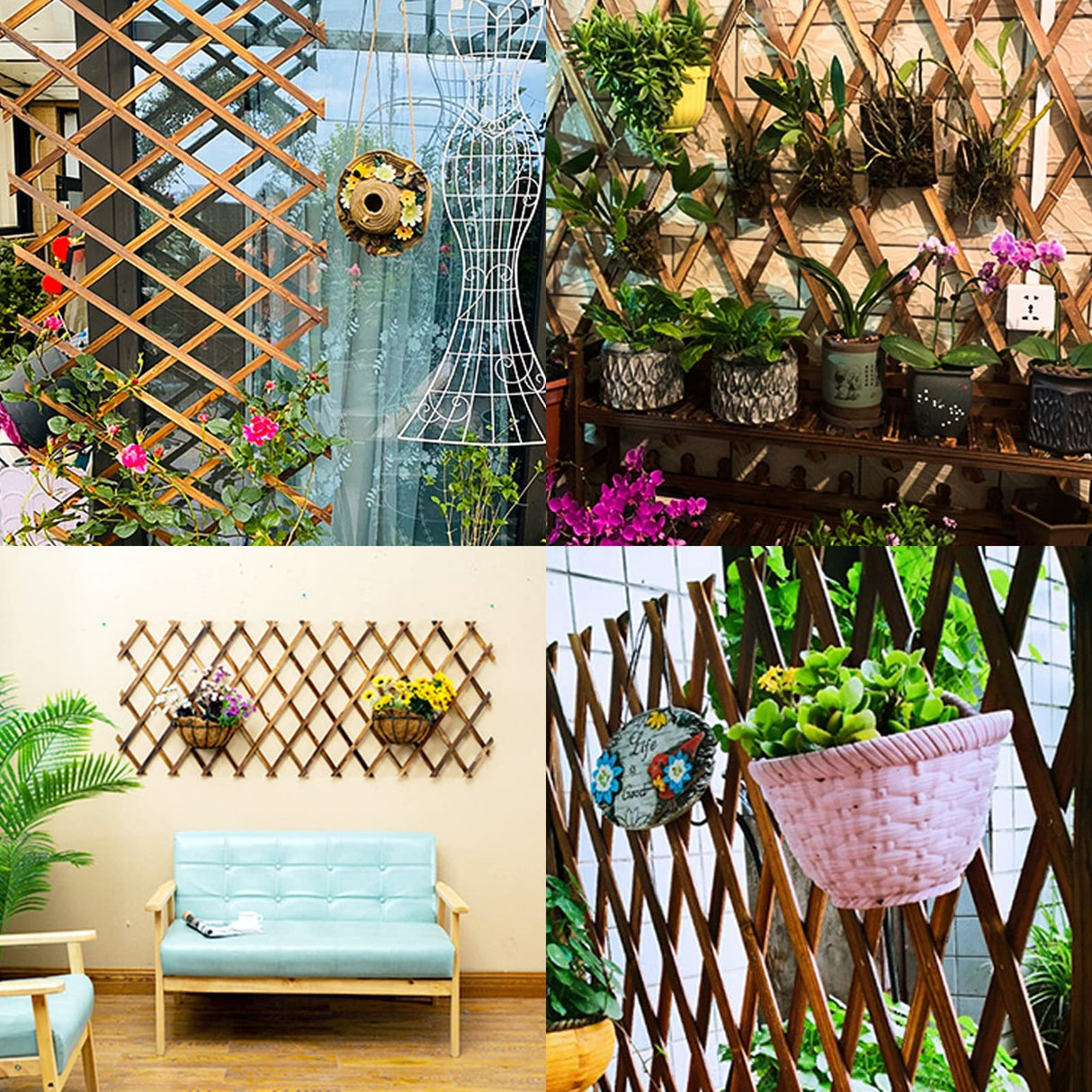 4 PCS Expandable Garden Trellis, 12" x 75" Wooden Lattice Fence Wall Panel Stretchable Decorative Fences Lattice Trellis for Climbing Plants Outdoor Ivy Vine Rose Clematis Garden Patio Room Decor (4) Bounmer