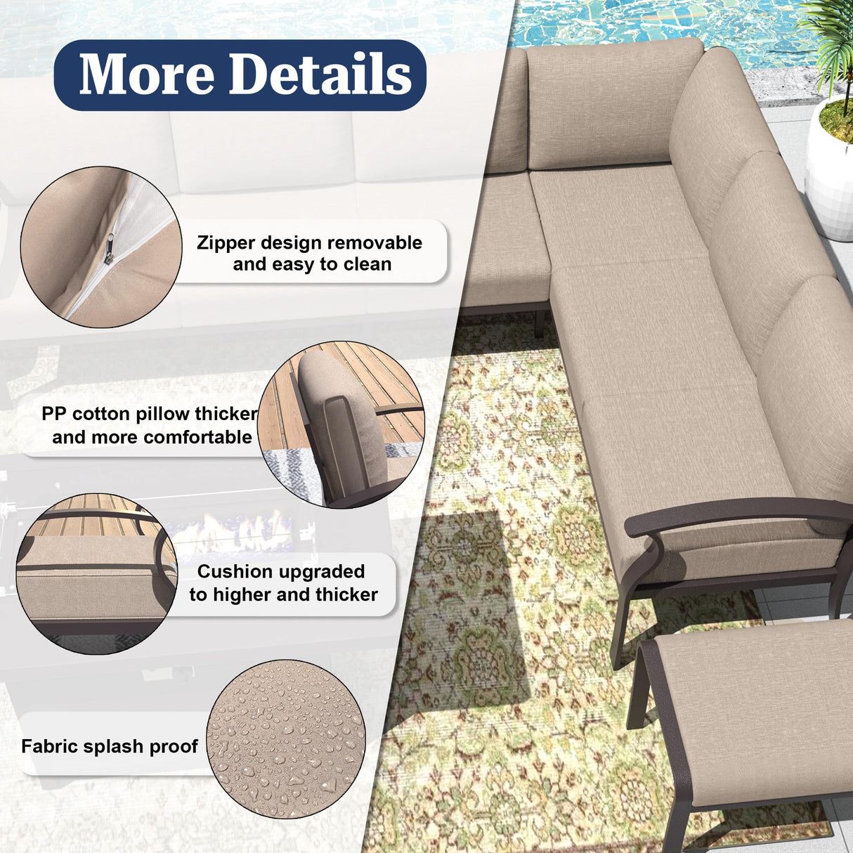 Kurapika Patio Furniture Set 10-Piece Aluminum Sectional Sofa with Armrest, Modern Outdoor Conversation Set w/55000 BTU Propane Fire Pit Table, Metal Corner Sofa with Ottoman, Sand Kurapika