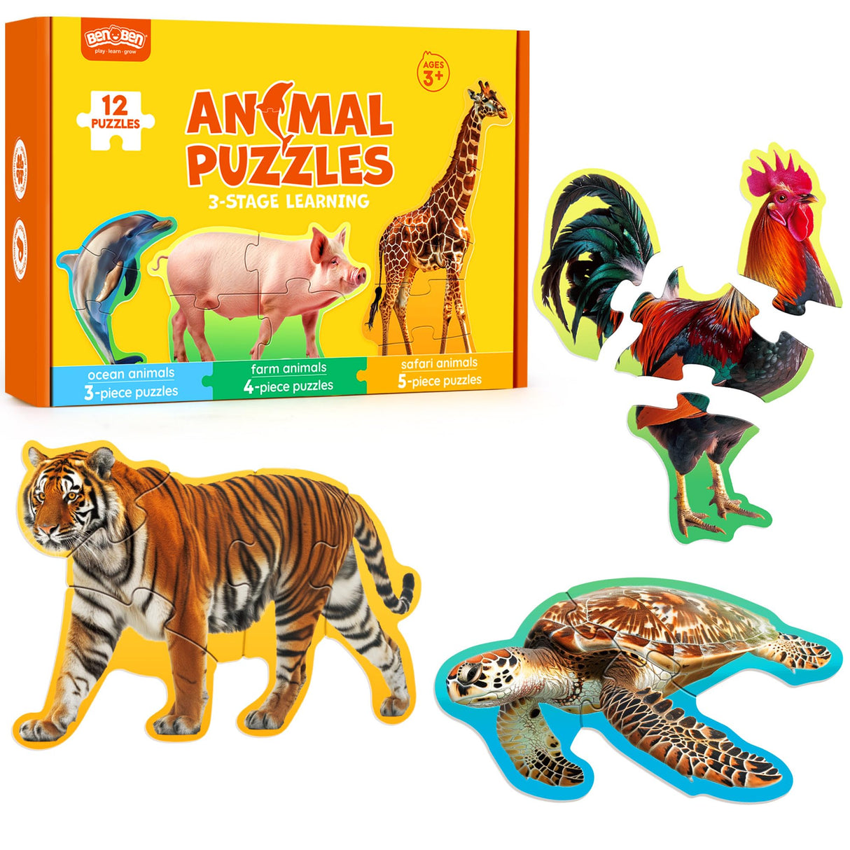 BenBen Puzzles for Toddlers 2-4,12 Animal Puzzles, 3 Levels Step-by-Step Color-Coded Jigsaw Puzzles, 48 Pieces Total, Educational Montessori Toys for Preschool Girls Boys BenBen