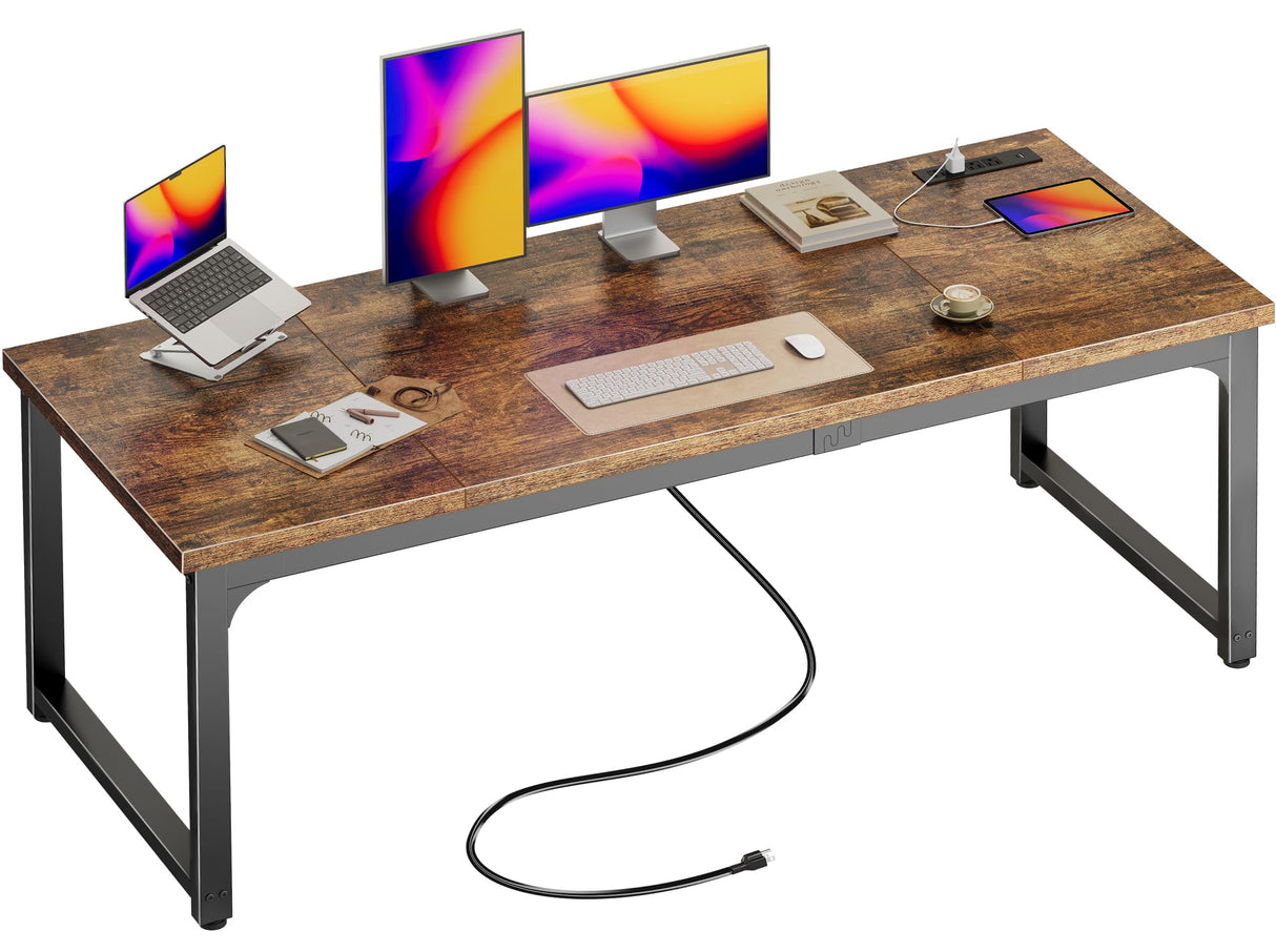 Huuger 63 x 24 inch Desk with Power Outlets & USB-C, Deeper & Thicker Desktop, Robust Metal Tubes, Computer Desk, Heavy Duty Office Desk, Work Gaming Desk, for Home Office, Rustic Brown Huuger