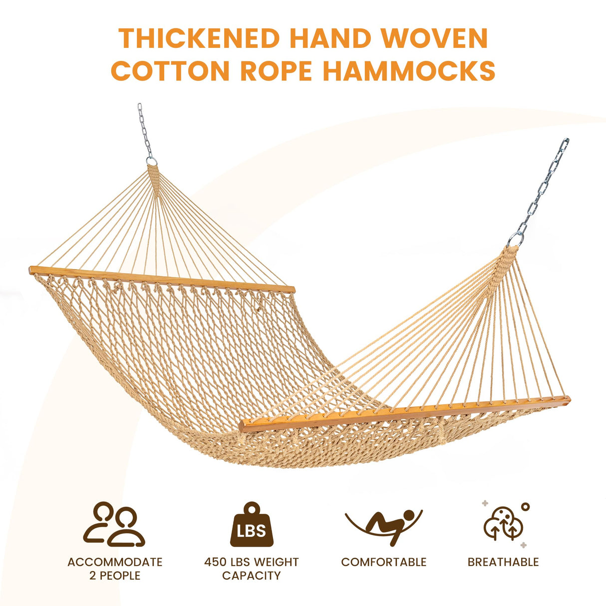 Lazy Daze Hammocks Double Rope Hammock, 2 Person Traditional Outdoor Hand Woven Cotton Rope Hammock with Spreader Bar, Chains, Tree Straps for Patio Yard - Max 450 Lbs, Tan Lazy Daze Hammocks