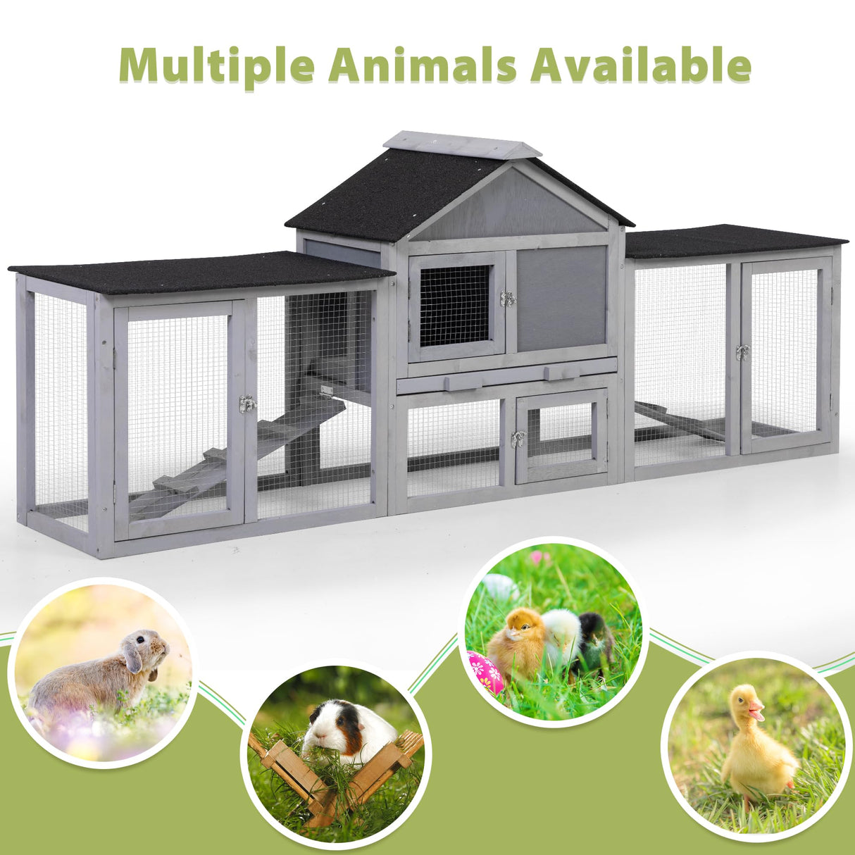 COZIWOW 2 Story 83”Wood Assembled Rabbit Hutch Indoor&Outdoor Bunny Cage with Double Runs and Weatherproof Roof, Guinea Pig Pet House for Small Animals(Gray) COZIWOW