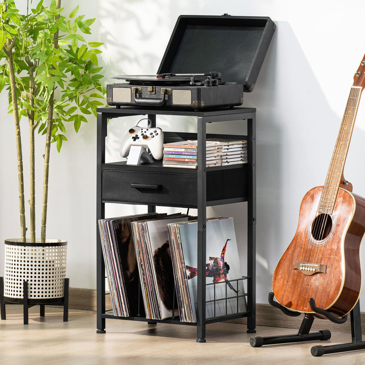 LELELINKY Record Player Stand with Fabric Drawer, 3 Tier AV Media Stands with Charging Station and USB Ports,Turntable Rack with Storage Up to 100 Vinyl Albums, Black DVD Video Game Console Shelf LELELINKY