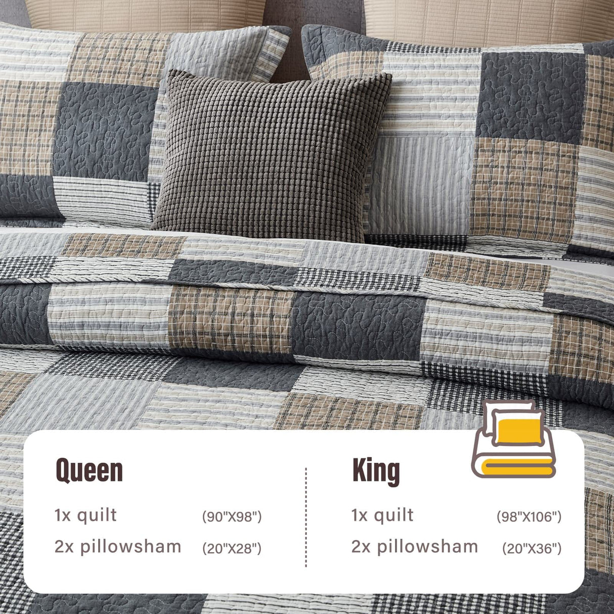 Y-PLWOMEN Plaid Quilt King Size - 100% Cotton Farmhouse King Quilt with 2 Pillow Shams, Breathable Lightweight Comforter Quilted Bedspreads Bedding Set, Grey Brown, King(98 * 106 Inch) Y-PLWOMEN