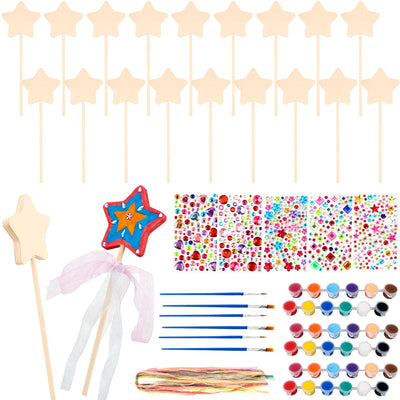 57 Pcs Make Your Own Wooden Princess Wand DIY Fairy Wands Kit Include 20 Pcs 3D Wooden Star Wands 5 Gem Stickers 20 Ribbons 12 Painting Props for Painting Crafts Birthday Party Supplies Holiday Gifts