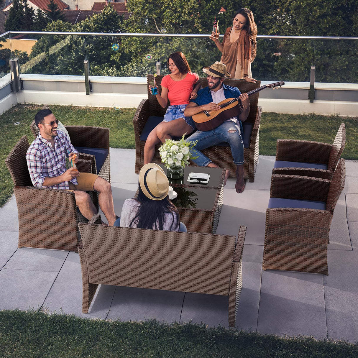 LUCIMUNDI 4 Piece Outdoor Patio Furniture Set, All-Weather Wicker Conversation Sets Include Coffee Table, Armchair, Loveseat, Sectional Furniture for Indoor Outdoor Backyard Pool Garden (Brown & Blue) LUCIMUNDI