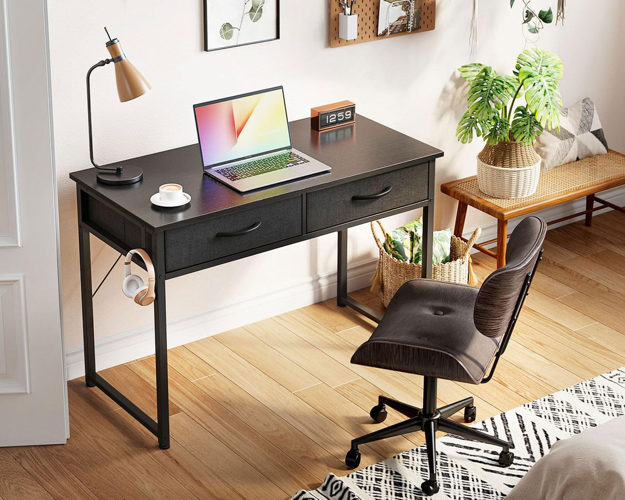 ODK 40 Inch Small Desk with Fabric Drawers- for Bedroom, Black Study Desk with Storage, Home Office Computer Desk for Small Spaces, Modern Work Writing Kids Table, Black ODK