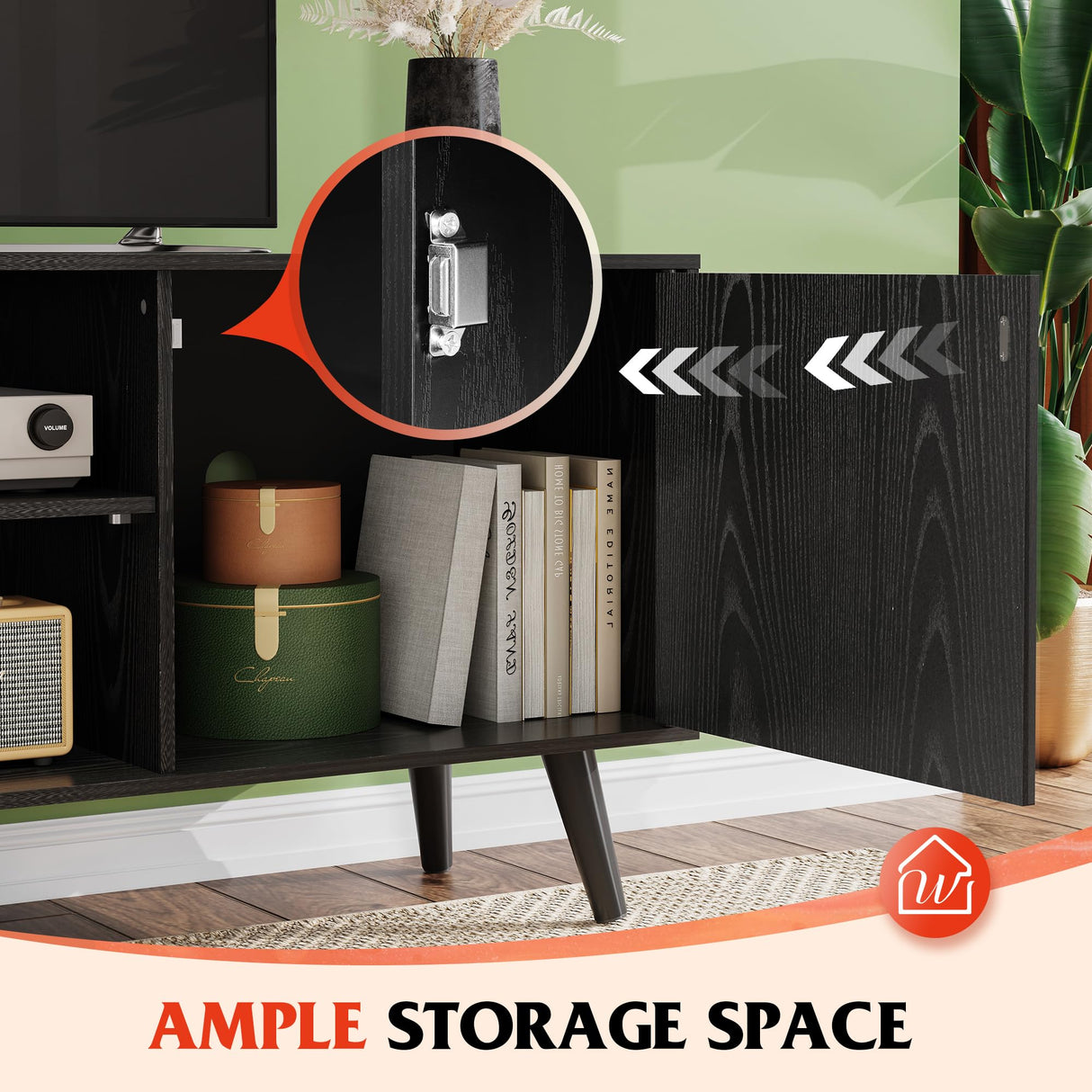 WLIVE TV Stand for 55 Inch TVs, Entertainment Center with Storage Cabinet, Mid-Century TV Stands for Living Room and Bedroom, 50" TV Console, Black WLIVE