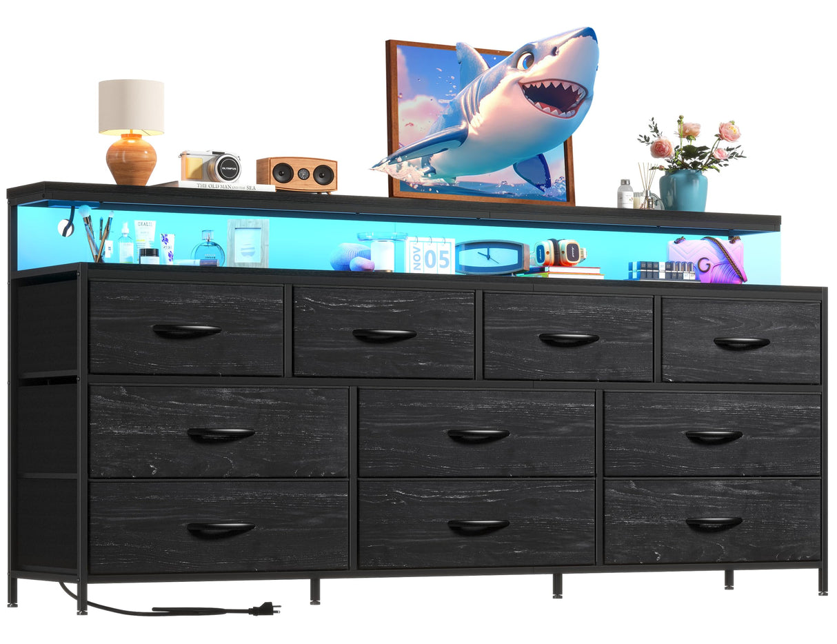EnHomee 55" W Dresser for Bedroom with 10 Drawers Long Dresser with LED Lights & Power Outlets Wide Dressers & Chests of Drawers Large Dresser for Bedroom Dresser Metal Frame, Wood Top, Charcoal Black EnHomee