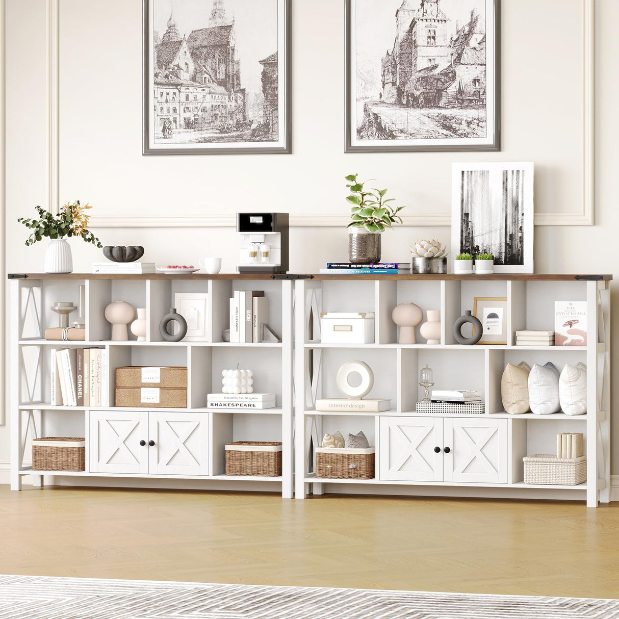 Halitaa Farmhouse Horizontal Bookcase, 11 Cube Storage Organizer Bookshelf, Wooden Open Cube Shelf Bookcase, 3 Tier Cube Display Bookshelves with Storage, Rustic White Halitaa