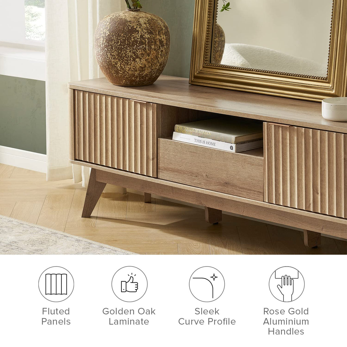 mopio Brooklyn Mid-Century Modern TV Stand, for TVs up to 50” Waveform Panel, Sleek Curved Profile with Adjustable Shelf and Sturdy Box Frame Leg (Golden Oak, 57") mopio