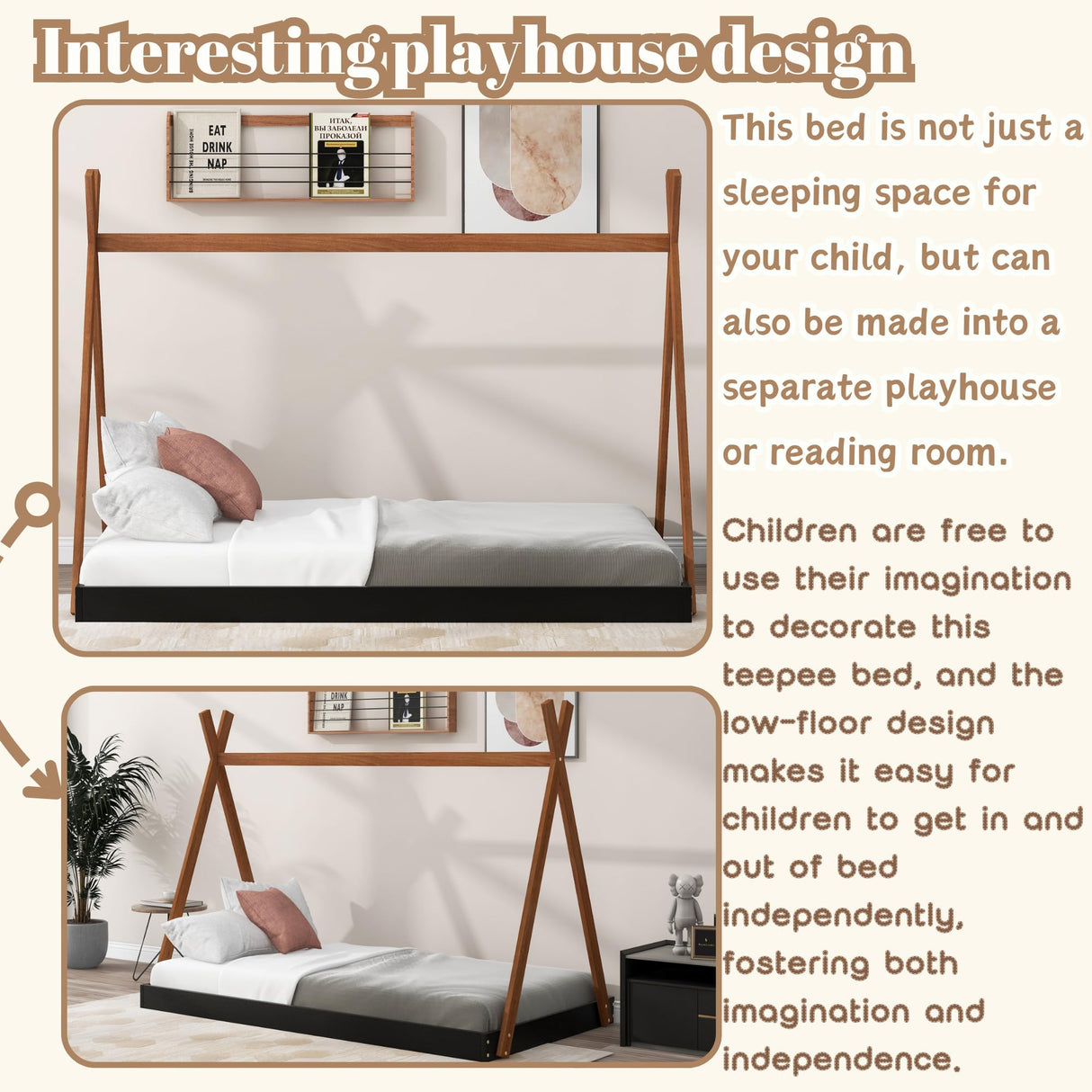 Wood Teepee Bed Twin Size Floor Beds for Kids, Montessori Style House Tent Bed Frame for Boys Girls Teens, No Spring Box Needed, Black with Brown Bellemave