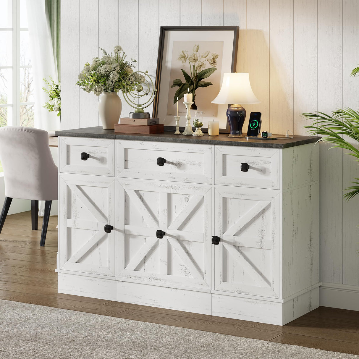 JDPAG Farmhouse Vanity Desk with Flip Top Mirror and Lights, Makeup Vanity Table with 2 Adjustable cabinets,2 Drawers and Hidden Storage Stool, Charging Dressing Table Set for Bedroom,White JDPAG