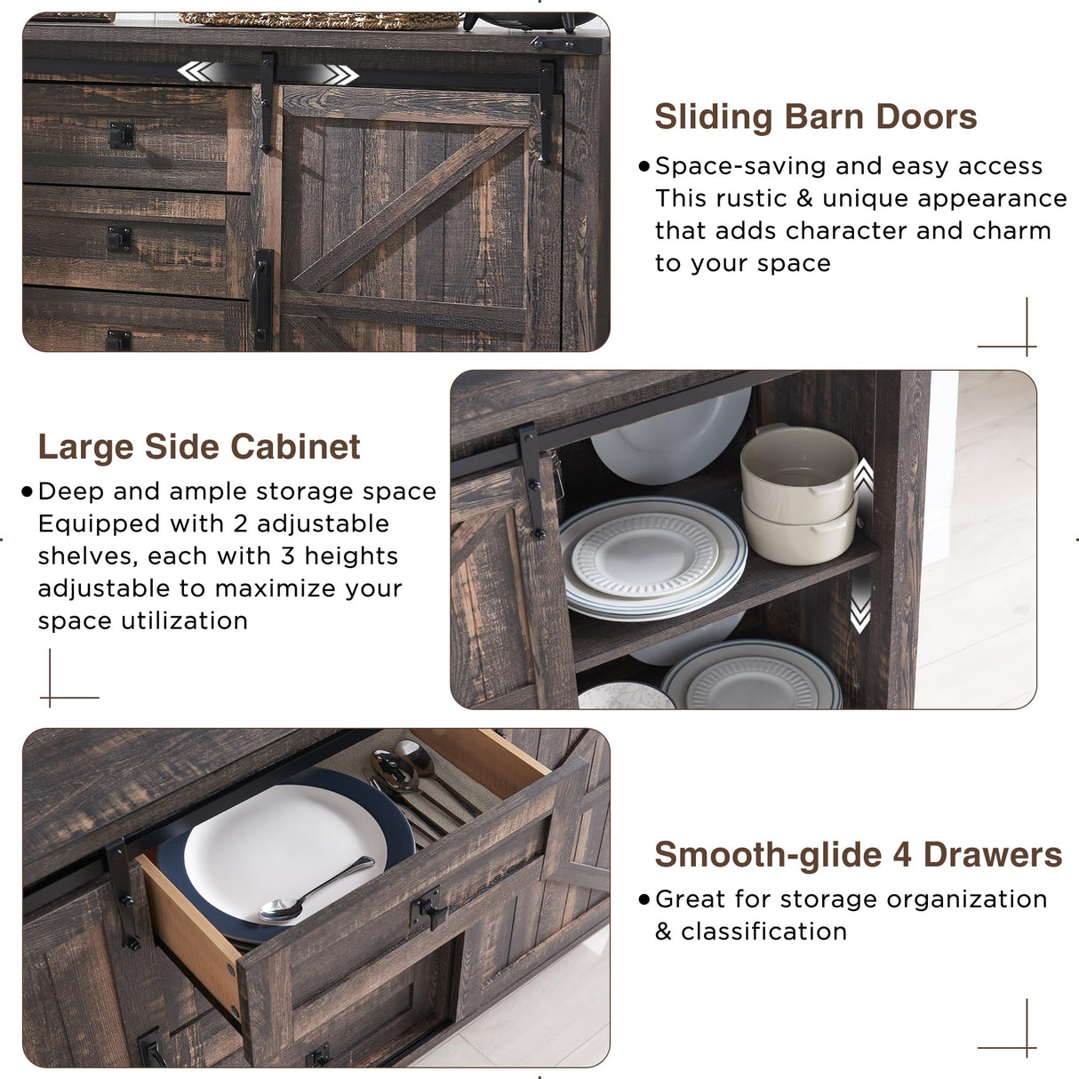 Farmhouse Rustic Sideboard Buffet Cabinet with Sliding Barn Doors and Drawers - 60" Dark Rustic Oak T4TREAM