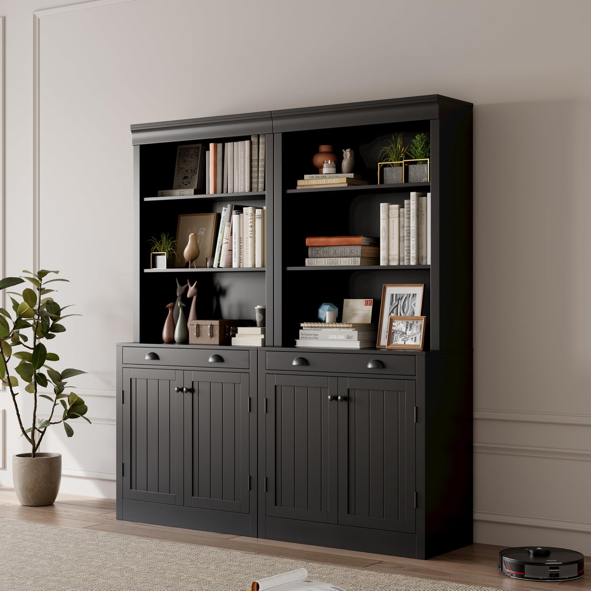 GarveeHome Tall Black Bookshelf with 2 Doors and 1 Drawer, 70 in Bookcase, Pantry Sideboard with Adjustable Shelf, Wooden Storage Cabinet for Living Room, Office GarveeHome