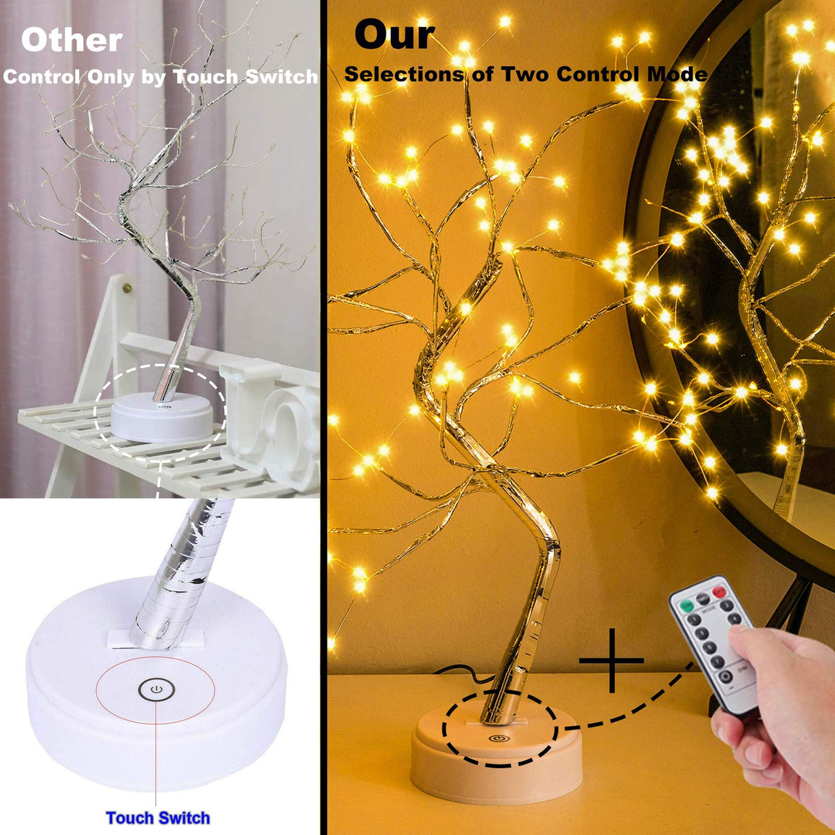 OURBAOFU 20” 108LED Fairy Sparkly Tree Lamp with Remote Control, USB&3AA Powered 8 Modes, DIY Bonsai Artificial Tree Lights, Fairy Spirit Tree Light for Bedrooms Desktop Christmas (Warm White) OURBAOFU