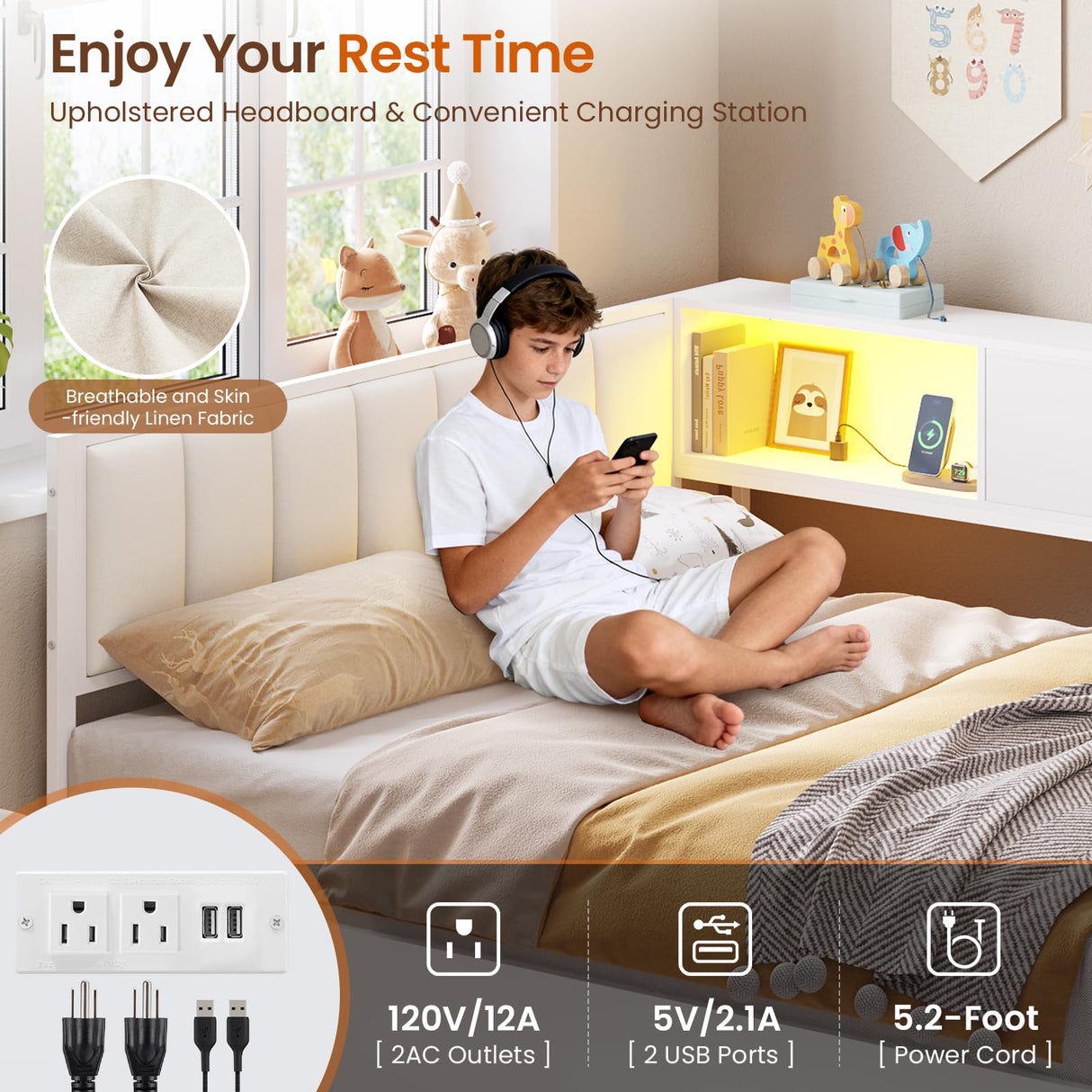 DICTAC Full Corner Bed Frame with Hydraulic Storage,Charging Station and Led Lights Metal Lift up Platform Storage Bed Frame with Upholstered Headboard,Full Size Daybed with Bookcase Guardrail,White DICTAC