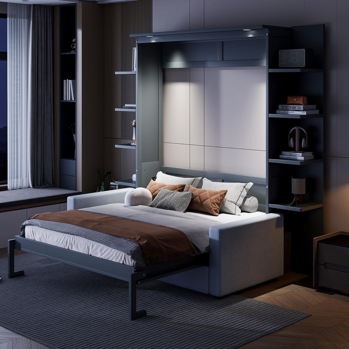 Murphy Bed Cabinet Queen Size with Sofa, Queen Murphy Bed with Couch, Adult Wall Murphy Queen Size Bed Frame with Storage Shelves and LED Lights, Grey Merax