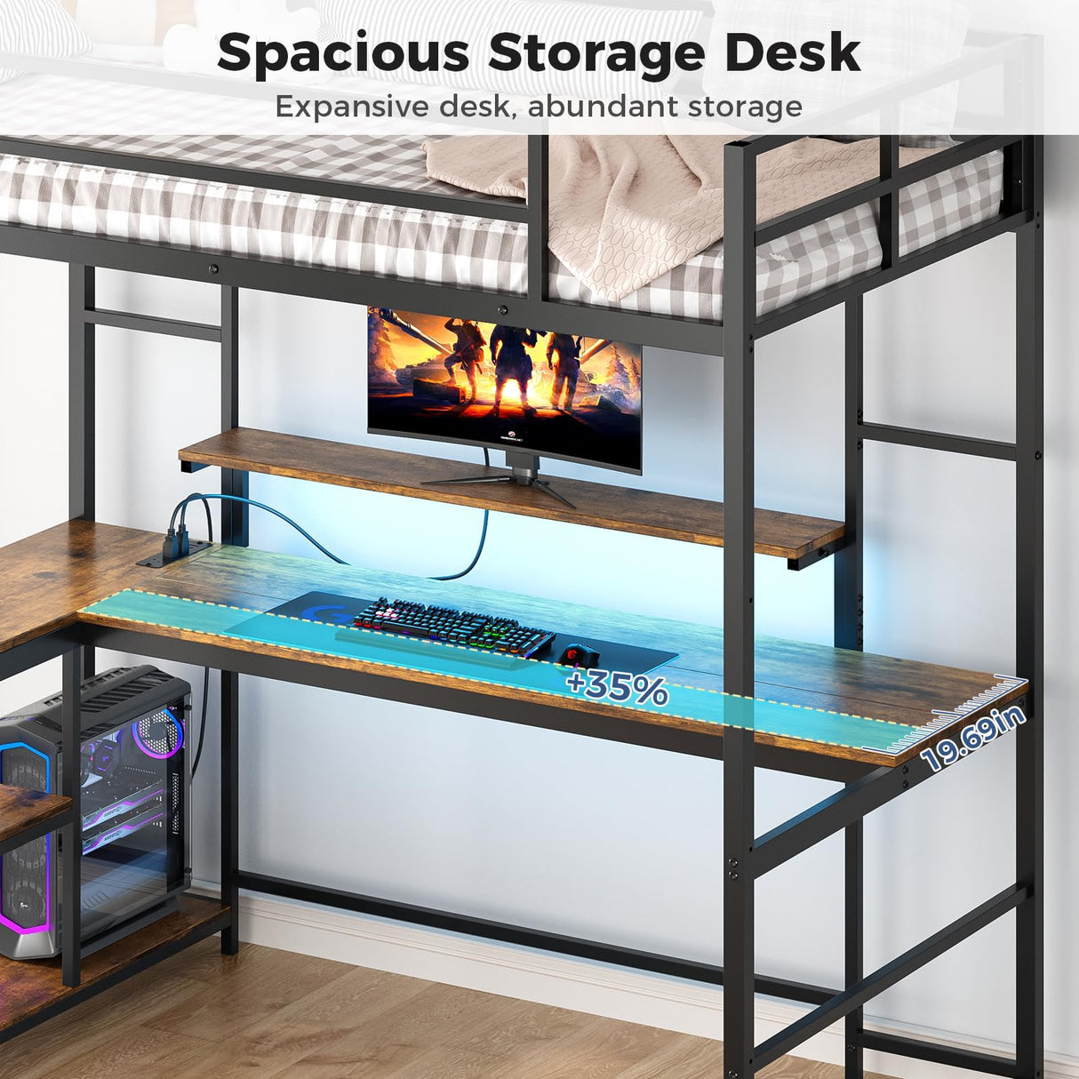 Tatub Twin Loft Bed with Large Desk and LED Lights, Metal Loft Bed with Ladder and Safety Guardrails for Adults, Teens, and Kids in Bedrooms, Apartments, and Dormitories Tatub