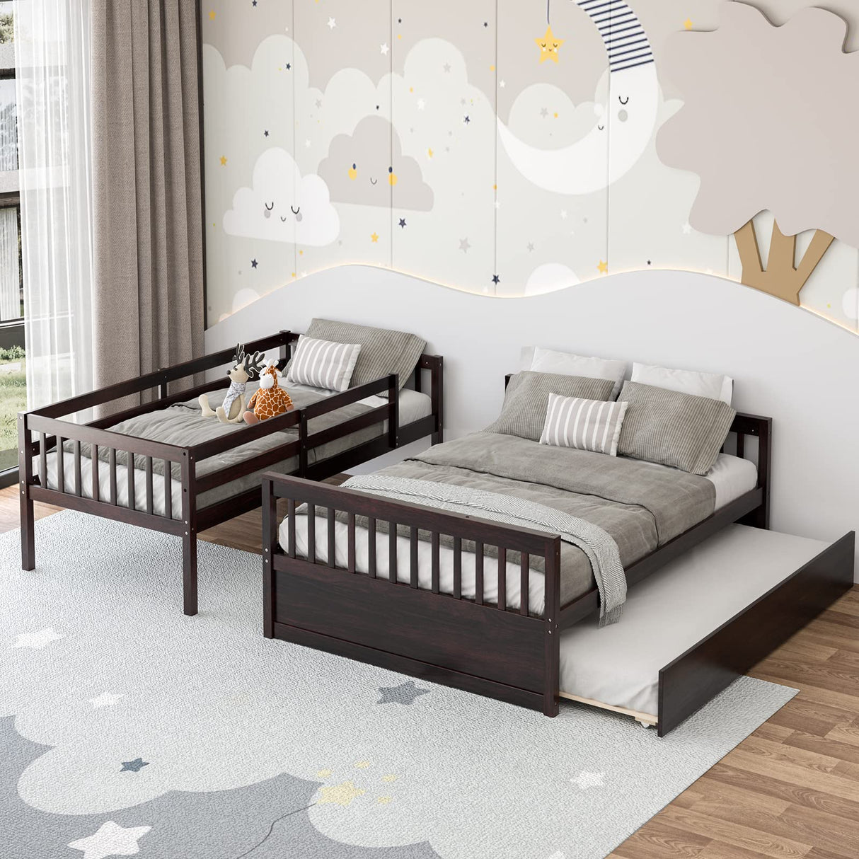 KOMFOTT Wood Twin Over Full Bunk Bed with Trundle, Bed Frame with Solid Pine Wood Frame, Space-Saving Bunk Bed with Ladder & Safety Guardrails, No Box Spring Needed KOMFOTT