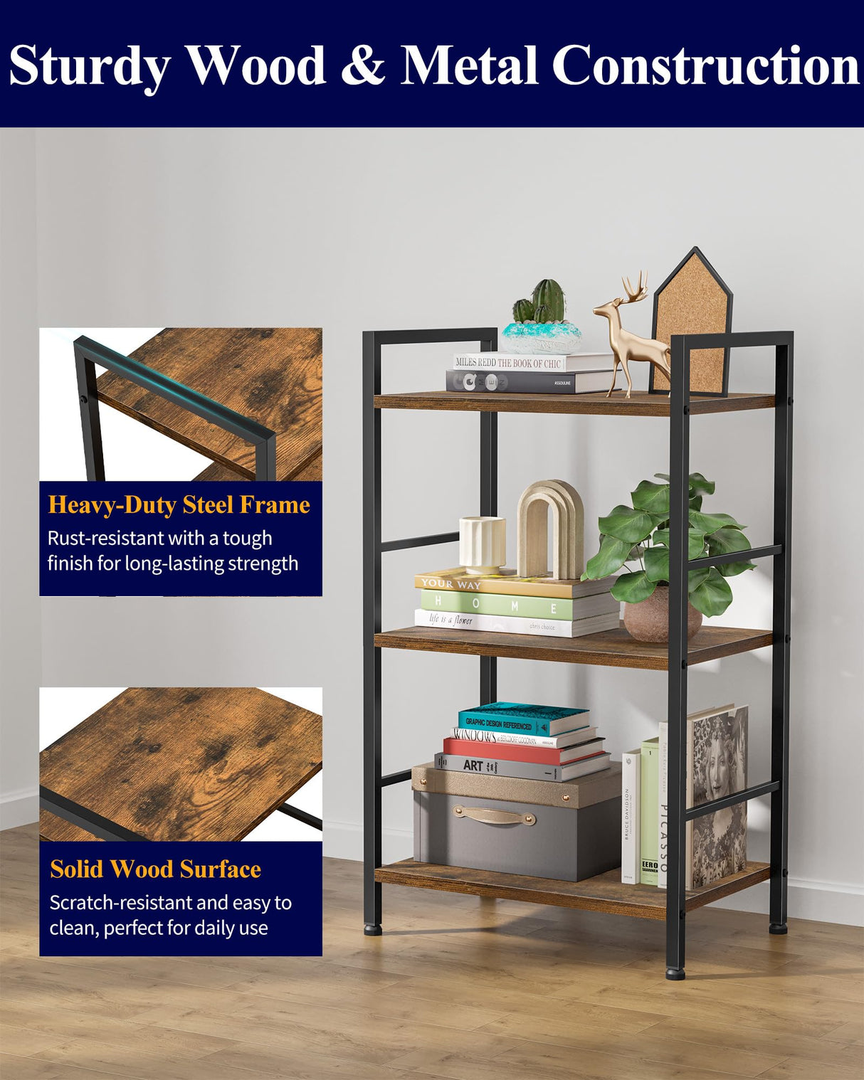 Kitsure 3-Tier Book Shelf - Wood & Metal Bookshelf with Handle & Adjustable Feet, Lightweight Bookcase for Living Room, Bedroom, Kitchen, Office or Dorm (16.5"×11.0"×28.1") Kitsure