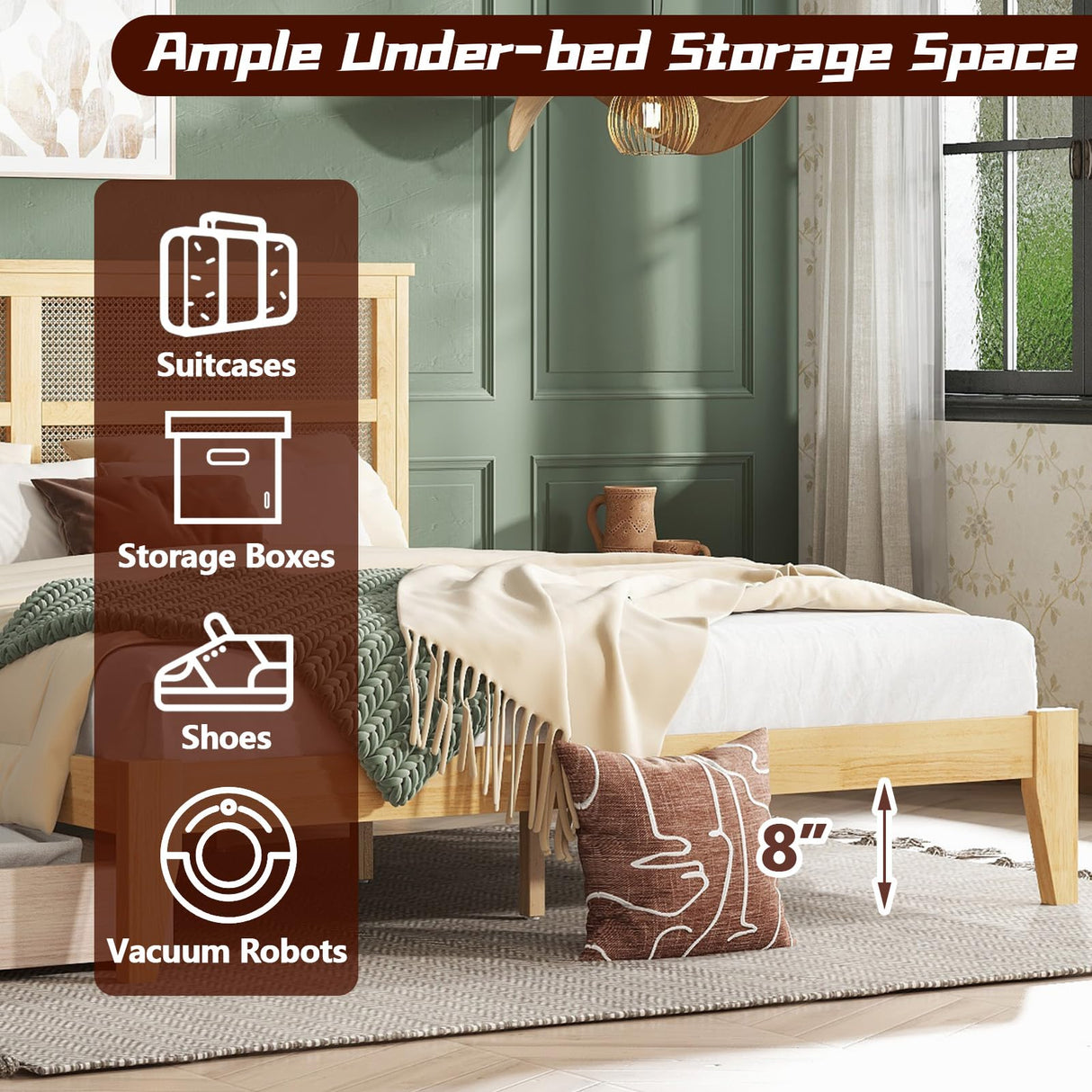 HRVEOCEI Boho Bed Frame King with Rattan Headboard, Rattan Bed Frame& King Beds Frames with Wood Legs, Solid Wood Beds Frames with Storage Underneath,Easy Assembly (White Oak, Kings) HRVEOCEI