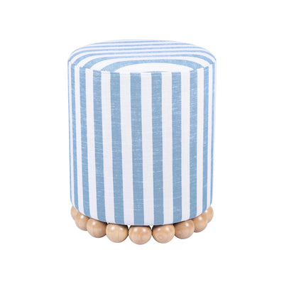 Tov Furniture Dex Pastel Blue Striped Linen Round Ottoman with Wooden Base