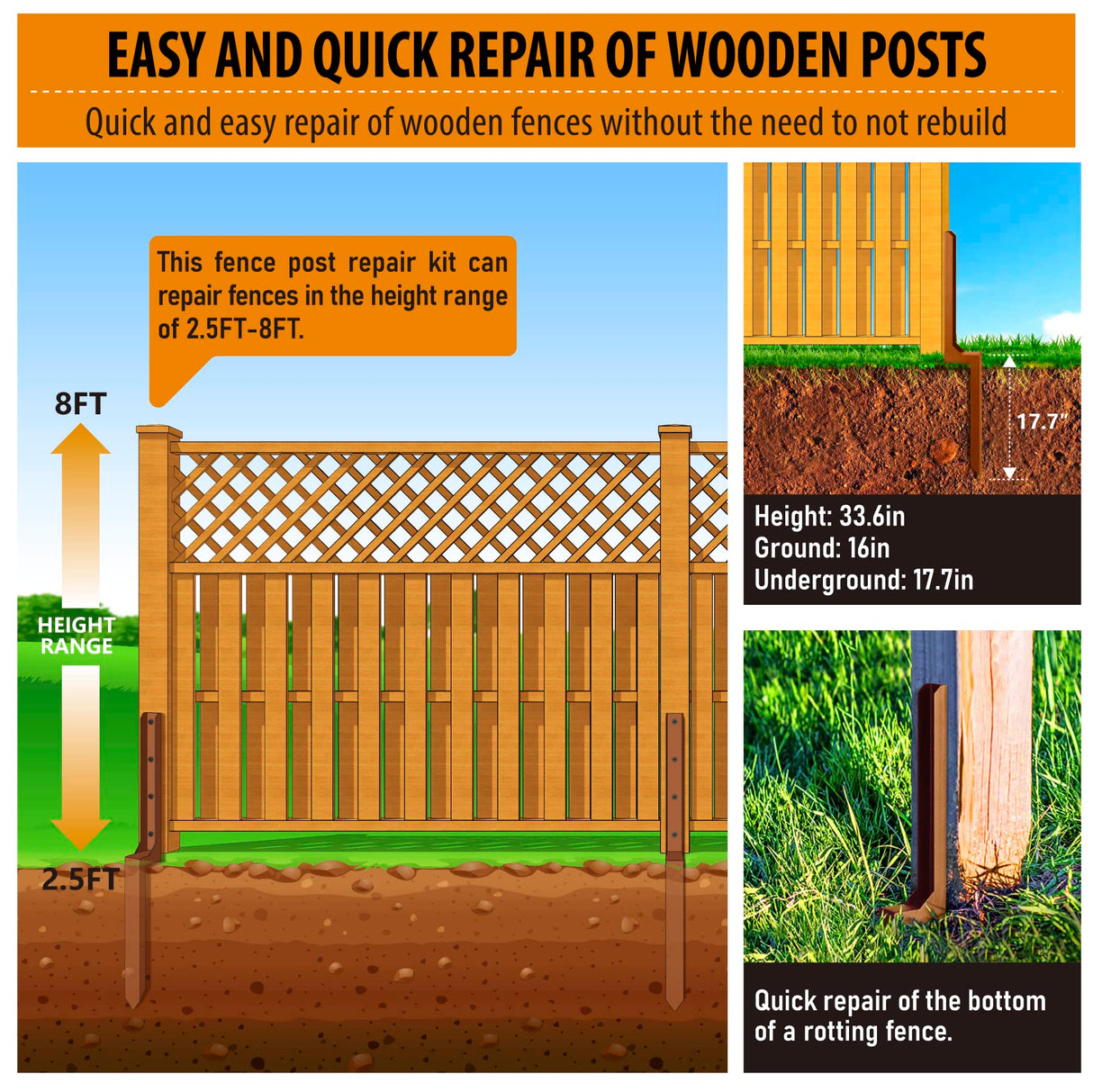 WOCEPU 2.8 FT Fence Post Repair Kit, for Repairing Broken Wooden Fence Post Repair Stakes (1pack-Brown) WOCEPU