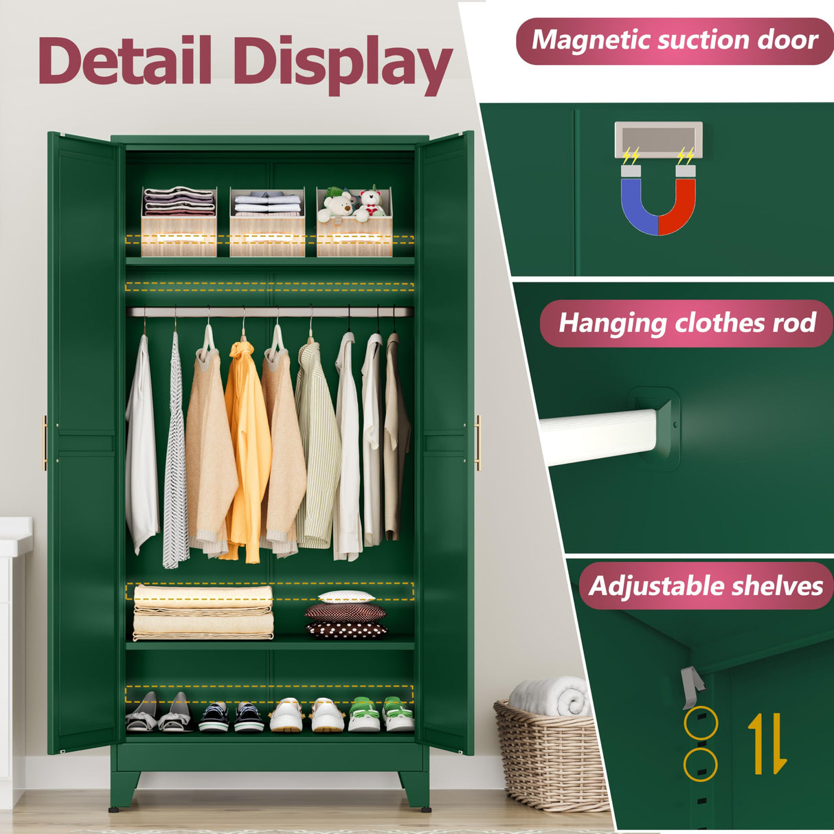 GAIOUS Metal Wardrobe Cabinet with Hanging Rod, 71" Metal Clothing Storage Cabinets with 2 Doors and Adjustable Shelves, Green Armoire Wardrobe Closet for Bedroom, Laundry Room, Cloak Room GAIOUS