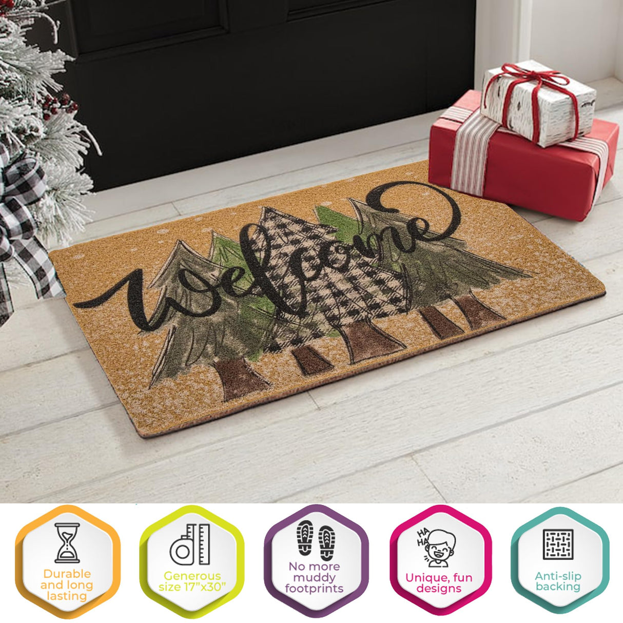 UTOWO Winter Xmas Welcome-Doormat Non-Slip Front-Door-Mats - Plaid Pine-Tree Snow Entrance Mat Porch Home Christmas Decor 17x29in UTOWO