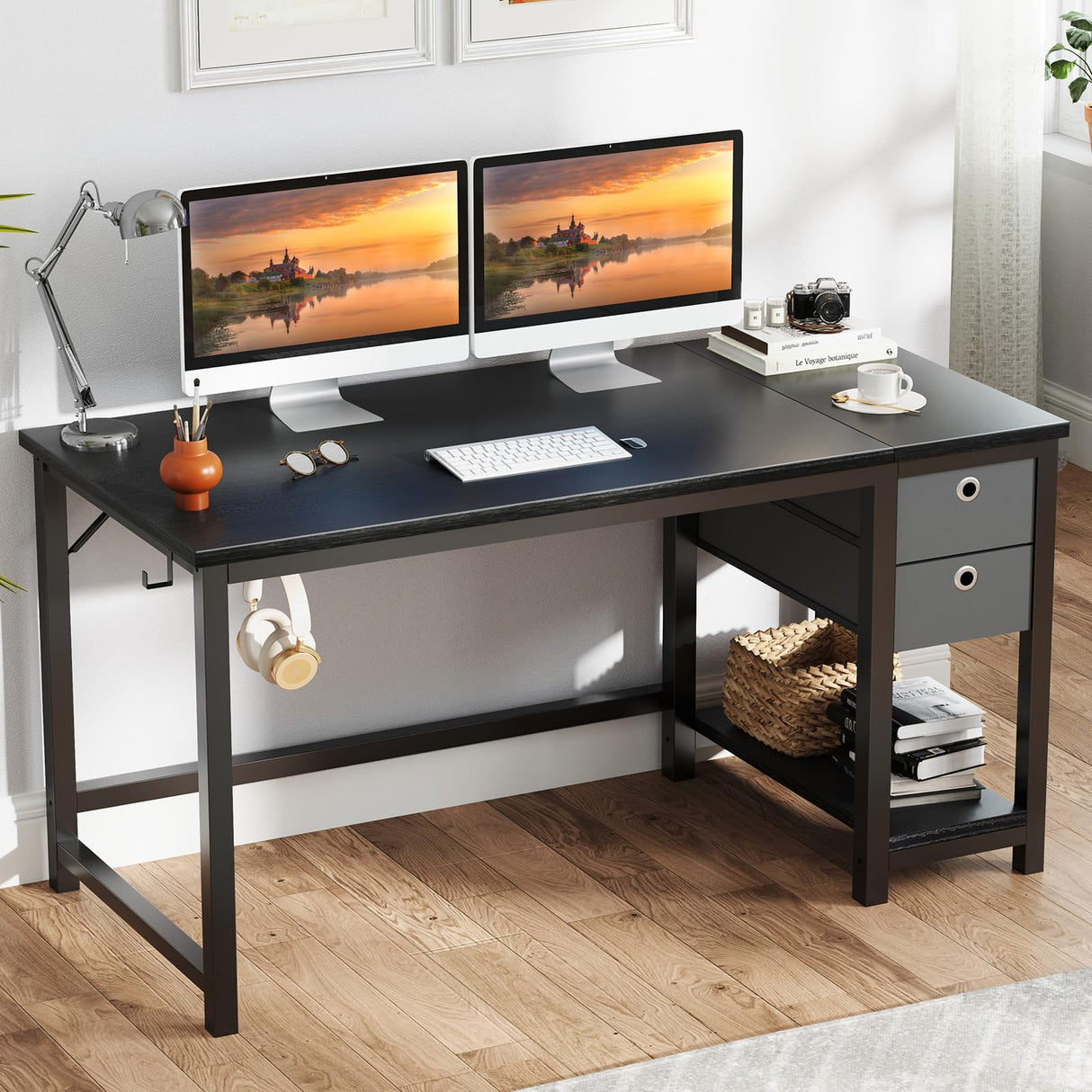 DUMOS Computer Desk with 2 Drawers, 48x24 Inch Office Desks with Shelf, Gaming Work Study Vanity Table with Storage 2-Tier Drawer for Living Room Bedroom Small Spaces,Dark DUMOS