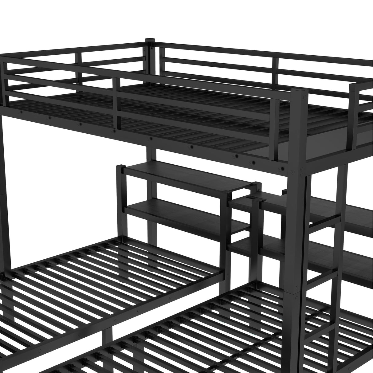 RuiSiSi Metal Triple Bunk Bed with Storage Drawers, Full XL Over Twin & Twin Bunk Beds, Multi-Functional Bunk Bed with Shelving & USB, Black RuiSiSi