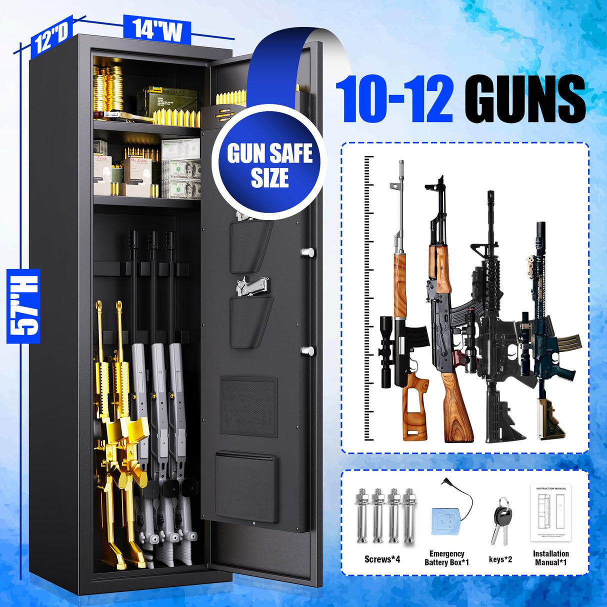 10-12 Gun Safe,Gun Locker Fingerprint,Gun Safe Biometric,No Assembly,Removable Shelf for Rifles Safes,Gun Cabinet Long With Led Light,57"H X 14"W X12"D TXTDPL