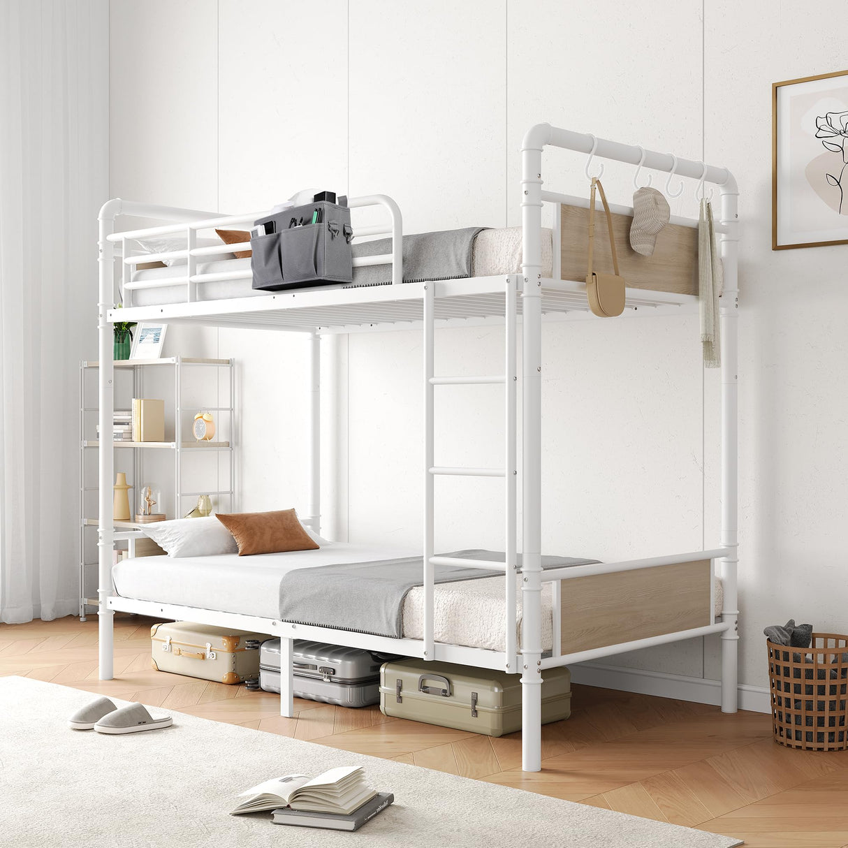 Jocoevol Metal Bunk Bed Twin Over Twin, Industrial Bunkbeds Heavy Duty Bed with Safety Guard Rails and Space-Saving Design, Steel Bed for School, Bedroom (White) Jocoevol