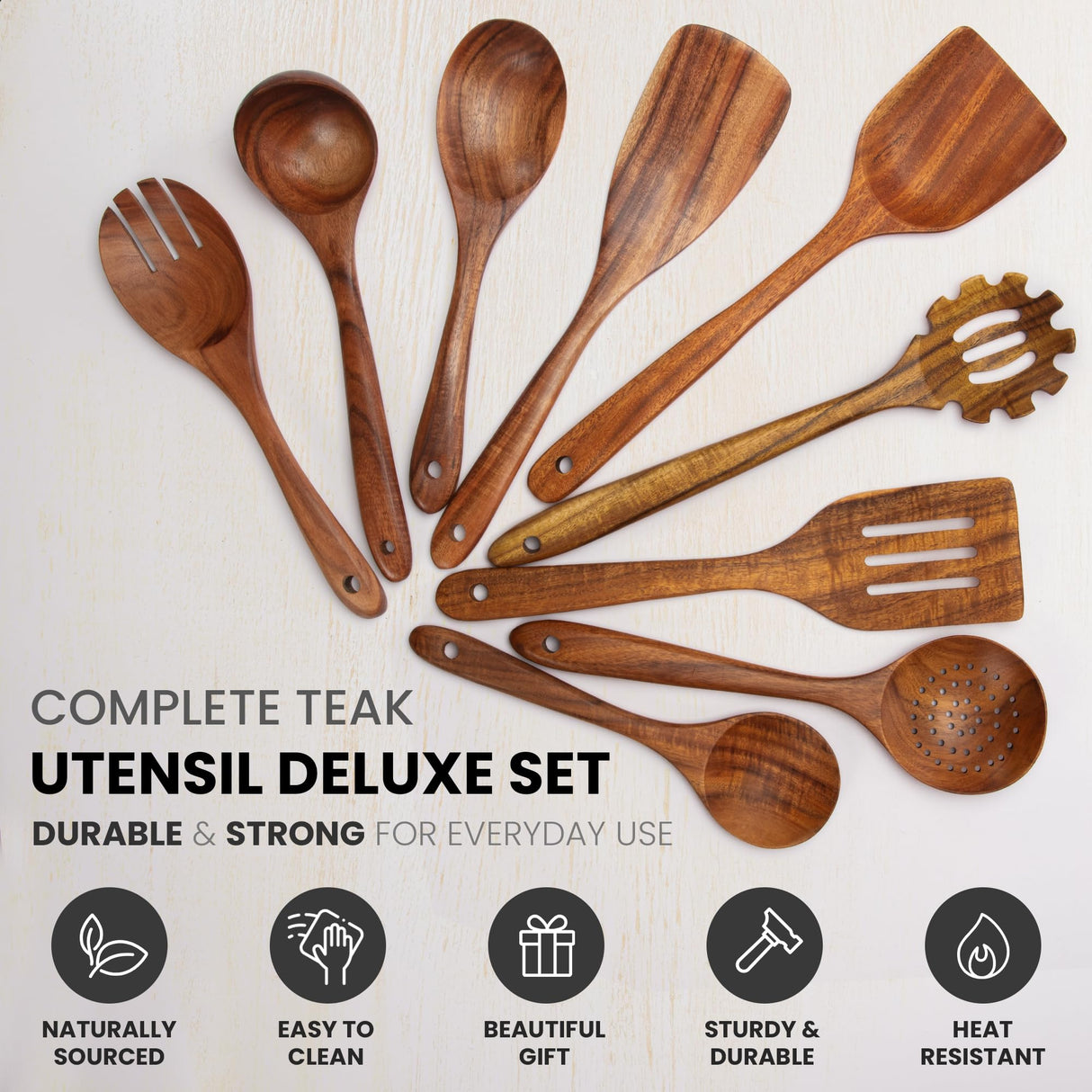 Zulay Kitchen 9-Piece Teak Wooden Utensils for Cooking - Smooth Finish Natural Teak Utensil Set - Non-Stick Wooden Spoons for Cooking - Kitchen Gift Set - Comfortable Grip Wooden Utensil Set Zulay Kitchen