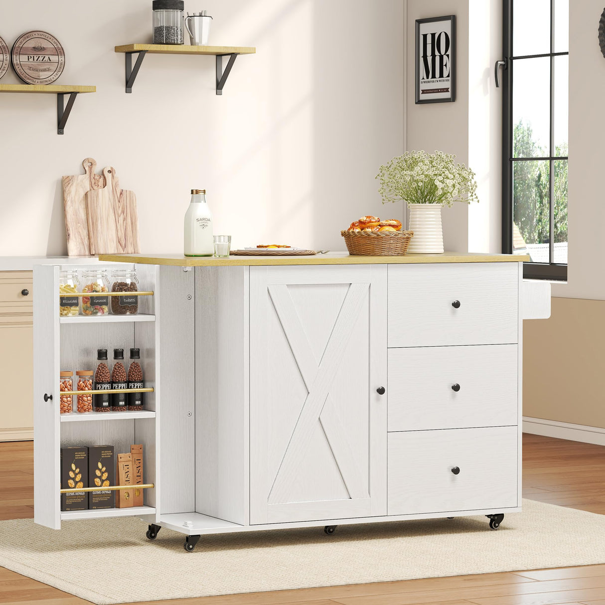 IRONCK Kitchen Island with Storage, 47.2in Rolling Island on Wheels, Kitchen Cart with Drop Leaf, 3 Spacious Drawers, Storage Cabinets and Towel Rack for Home, Dining Room IRONCK