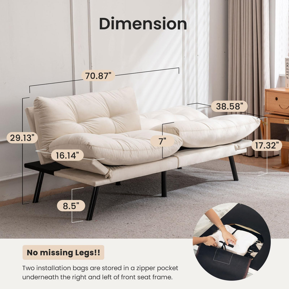 Velvet Convertible Futon Sofa Bed,71" Comfy Loveseat Sleeper Sofa with Adjustable Backrest Armrest, Strengthen Solid Wood, 7" Thicken Cushion, Small 2 Seater Twin Futon Couch for Living Room Bedroom Miscoos