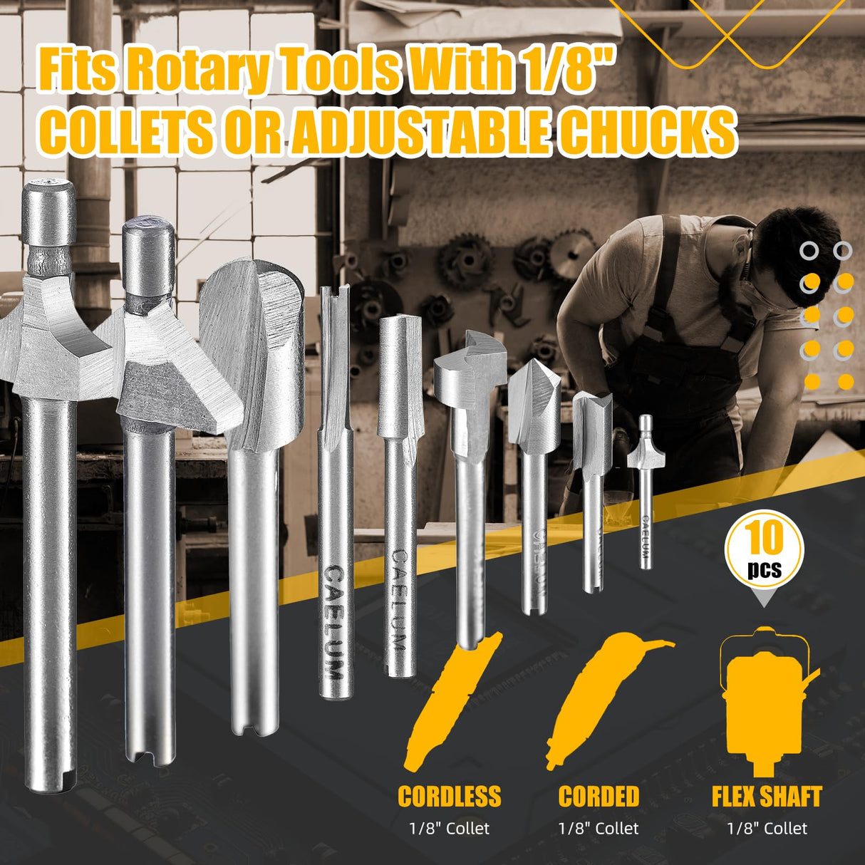 Caelum 10 Pcs HSS Router Carbide Engraving Bits, 1/8"(3mm) Shank, Milling Cutter Bit Set, Rotary Tools Set, for Dremel Tool Accessories, Tools for DIY Woodworking, Edge Grooving, Drilling, Trimming CAELUM