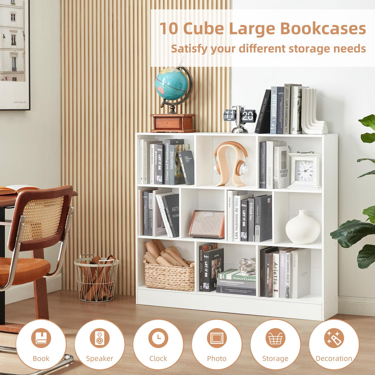 YAHARBO White 10 Cube Bookshelf,3 Tier Modern Horizontal Bookcase,Wooden Low Book Shelf Display Storage Cabinet with Base,Floor Standing Short Bookshelves Open Organizer for Bedroom,Living Room,Office YAHARBO